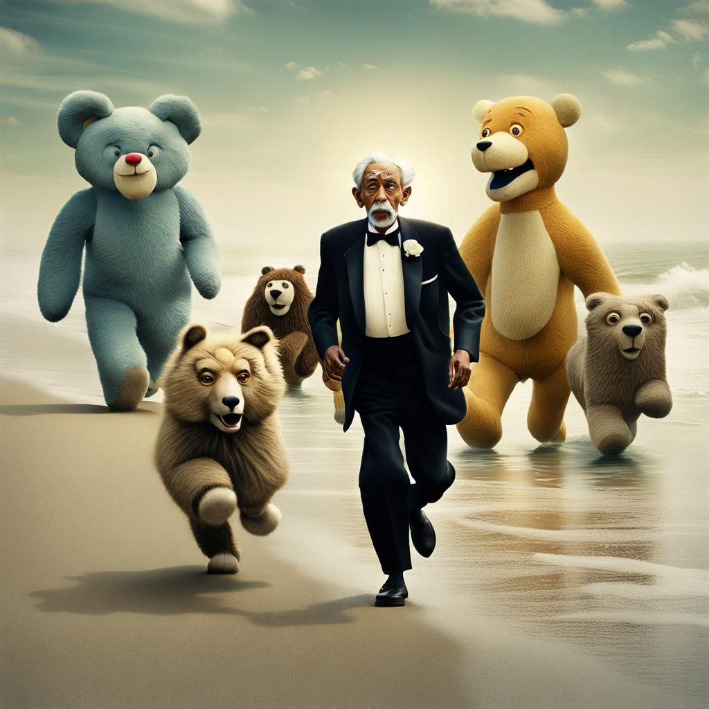 Fuzzy Plush Animals Chase Man on Beach