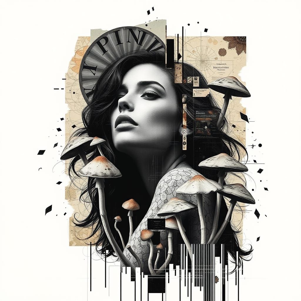 Abstract Collage Art with Mushrooms and Glitch Textures