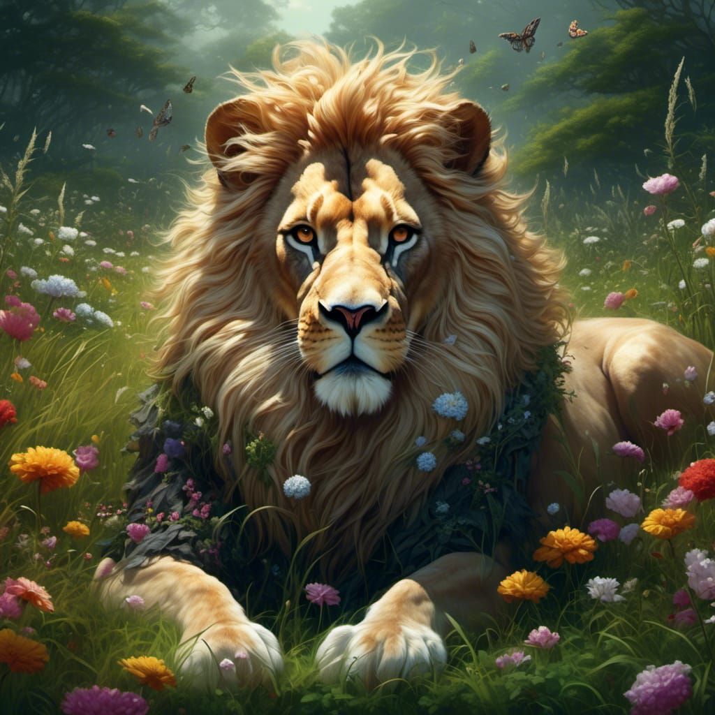 Rabbit-Lion Hybrid Creature in Grassy Meadow