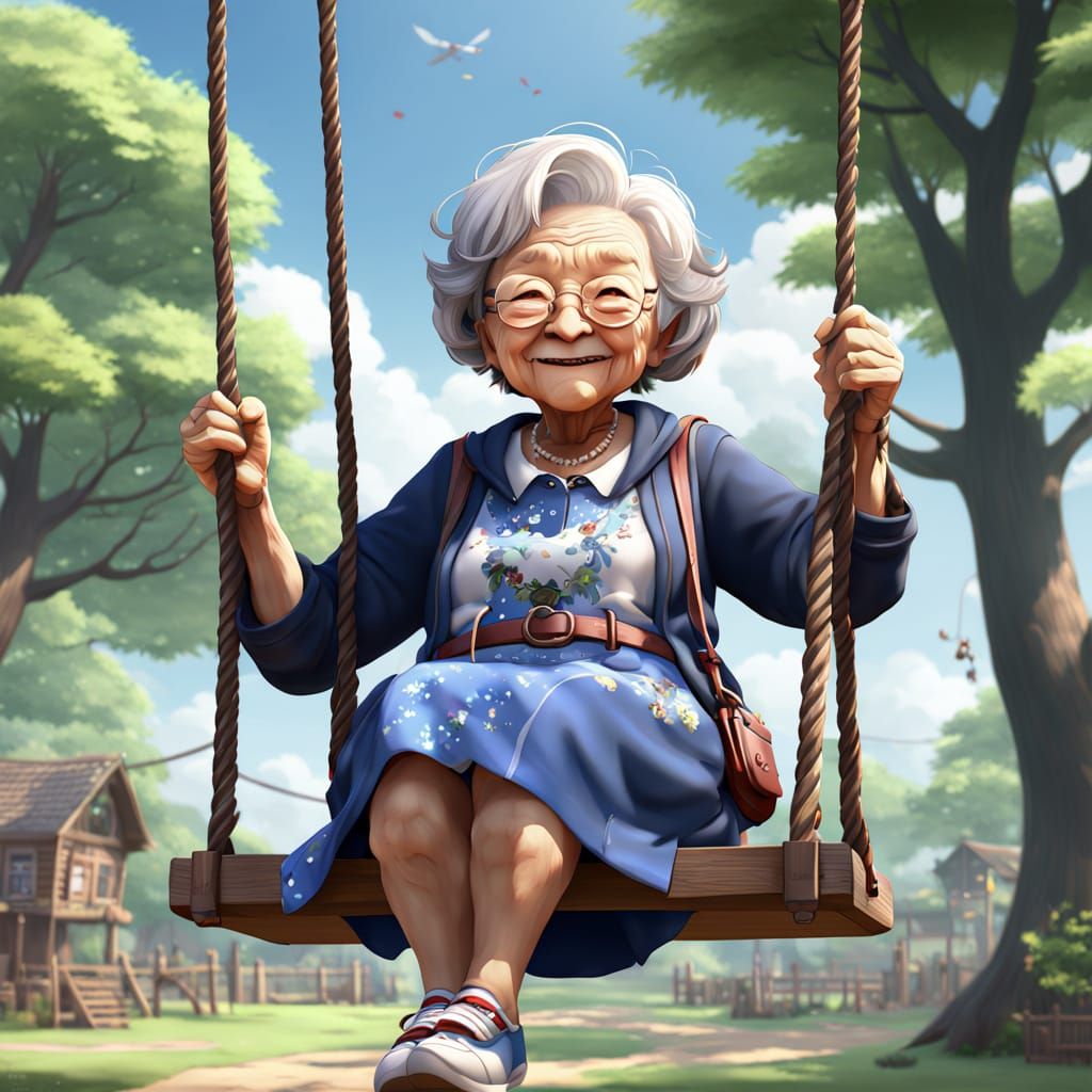 Vibrant Anime-Style Grandma Enjoys a Swing Ride
