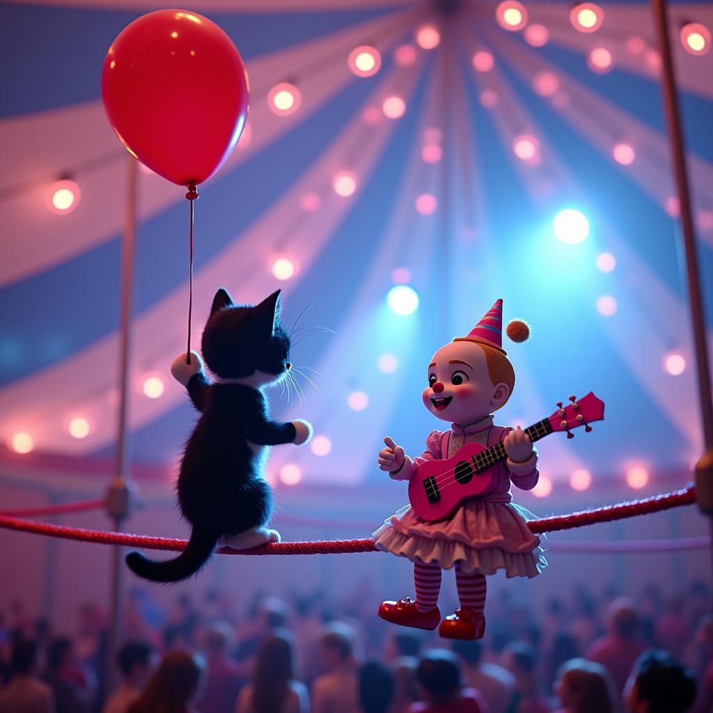 Kitten Tightrope Walker in Neon Circus Tent