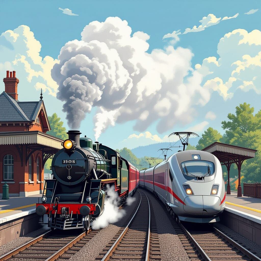 Vintage Steam Train Meets Modern High-Speed Trains