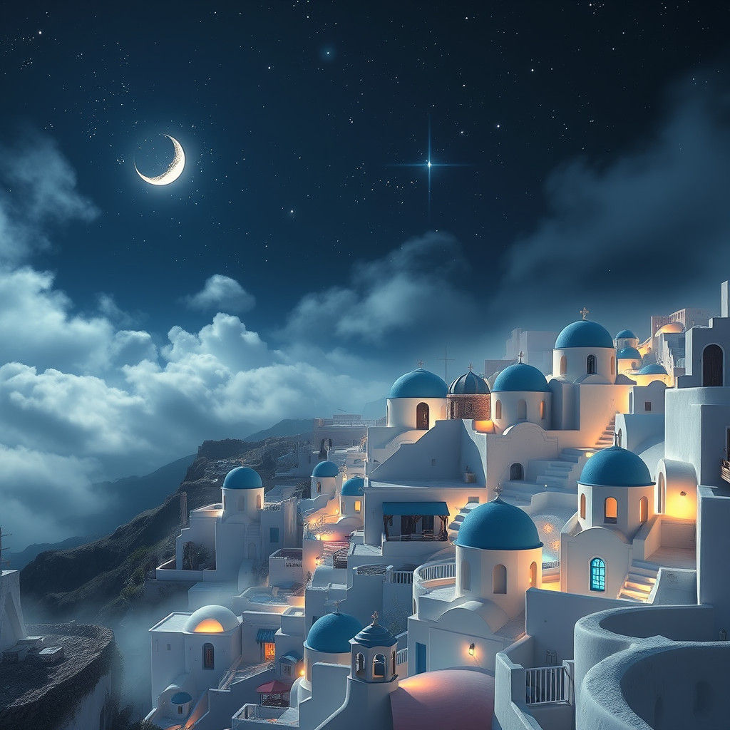 Mystical Night in Santorini: Dreamlike Matte Painting