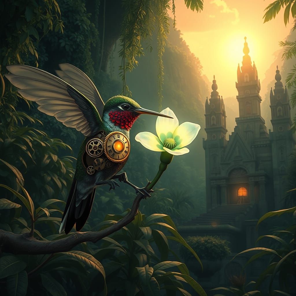 Clockwork Hummingbird Sipping Nectar in Jungle Temple