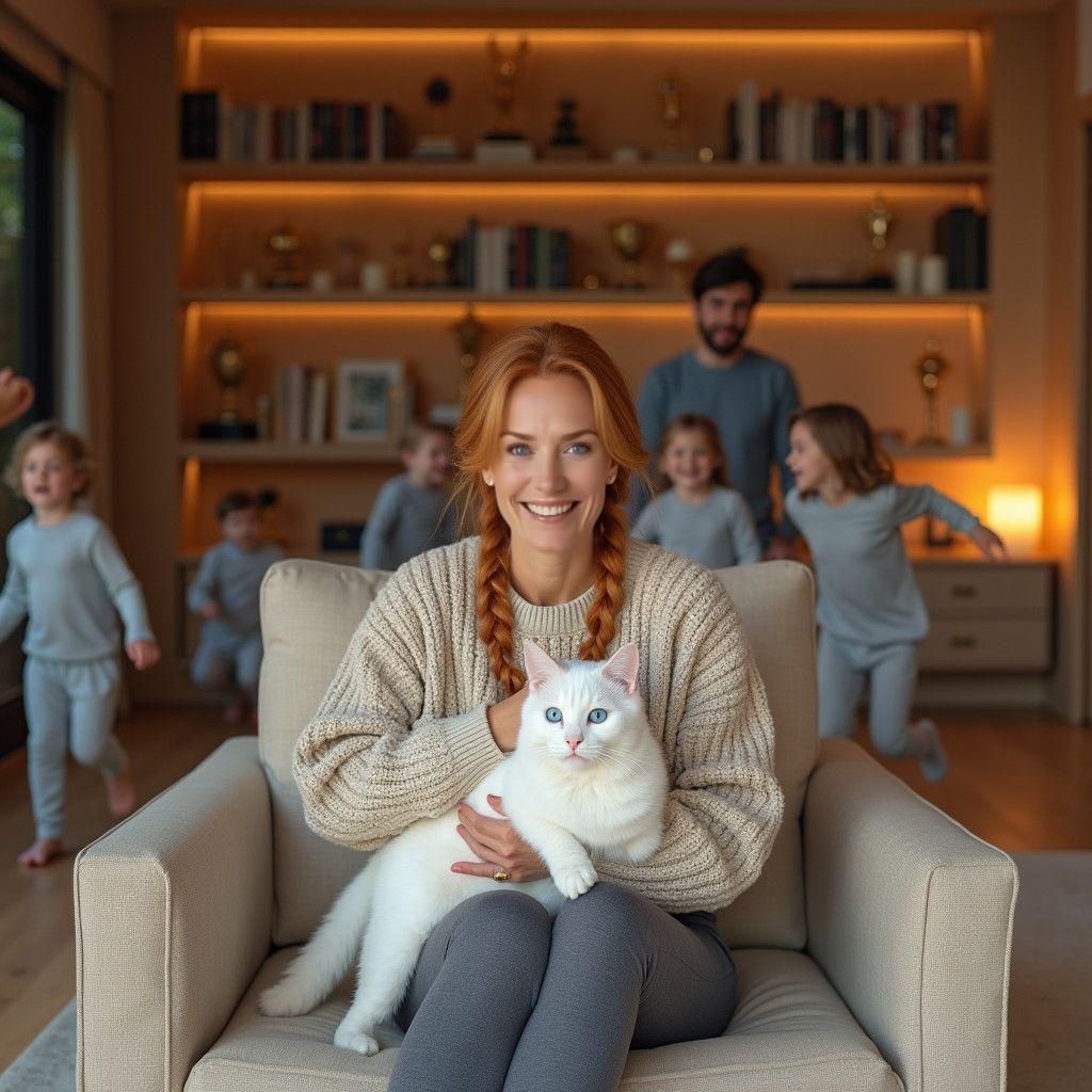 Modern Villa Interior With Woman and Cat