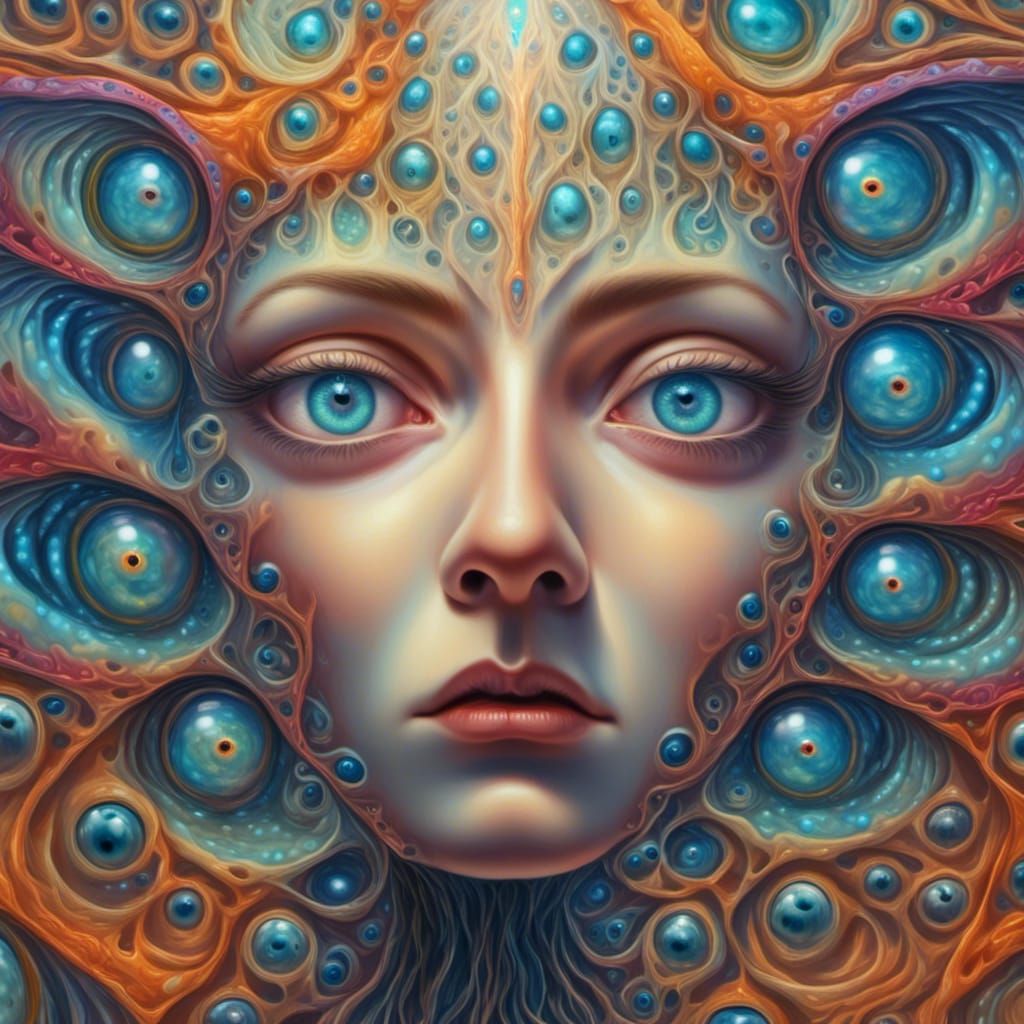 a distorted abstract portrait of an eye fairy with large win...