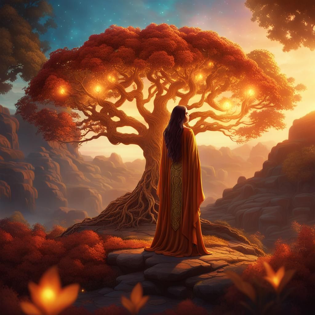 Fantasy Woman Beside the Glowing Tree of Life