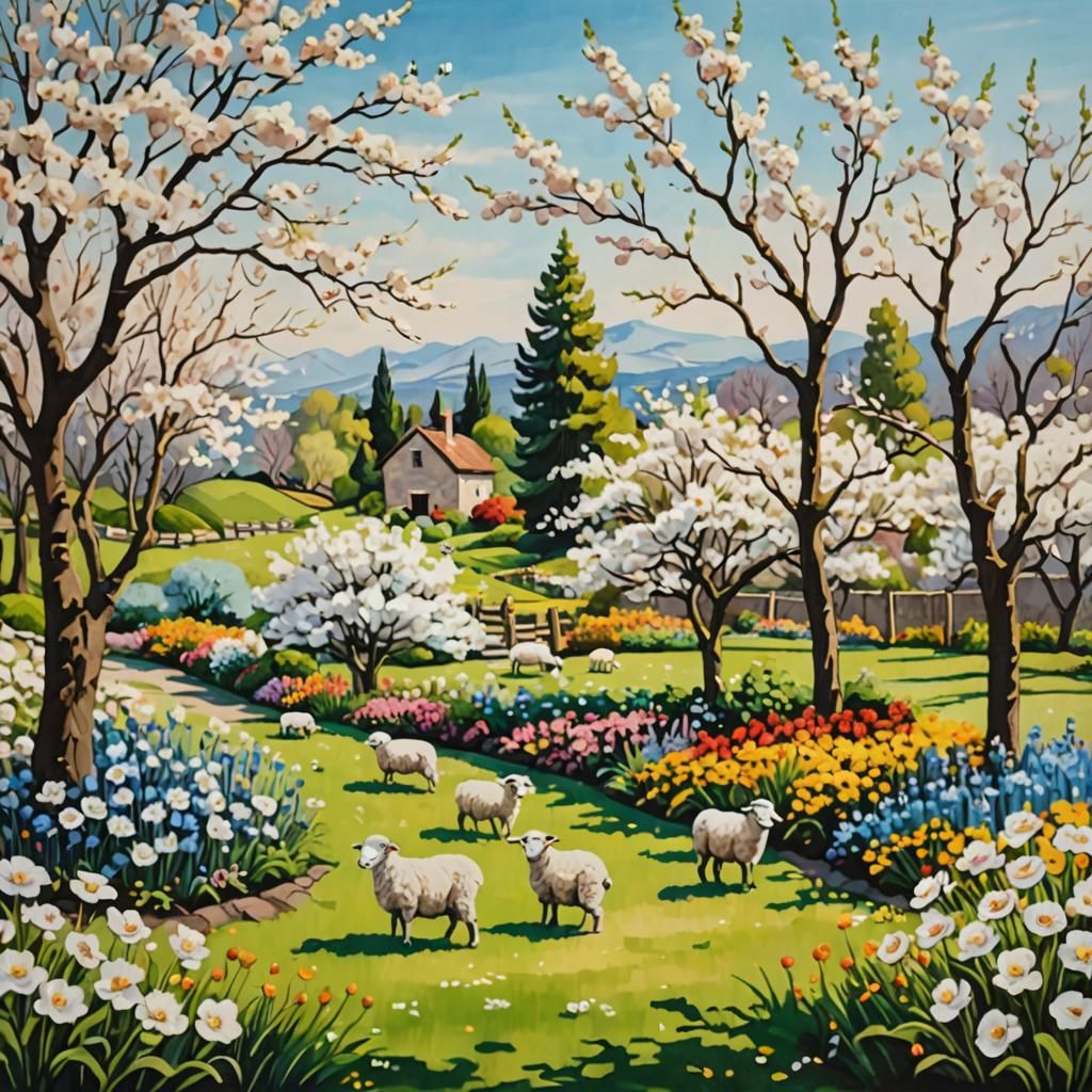 Spring Garden with Sheep: Canvas Painting