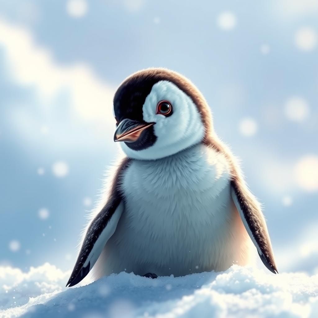 Hyperrealistic Baby Penguin in Snowy Scene