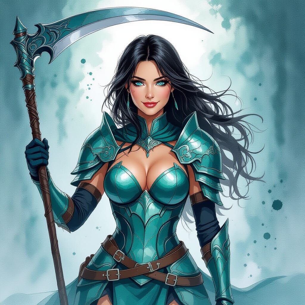 Woman in Teal Armor Poses with Scythe