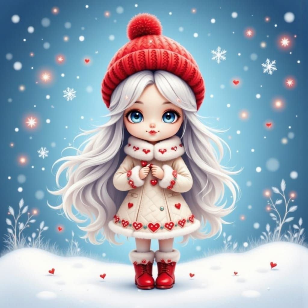 Cute Girl in Winter Field with Hearts in Sky