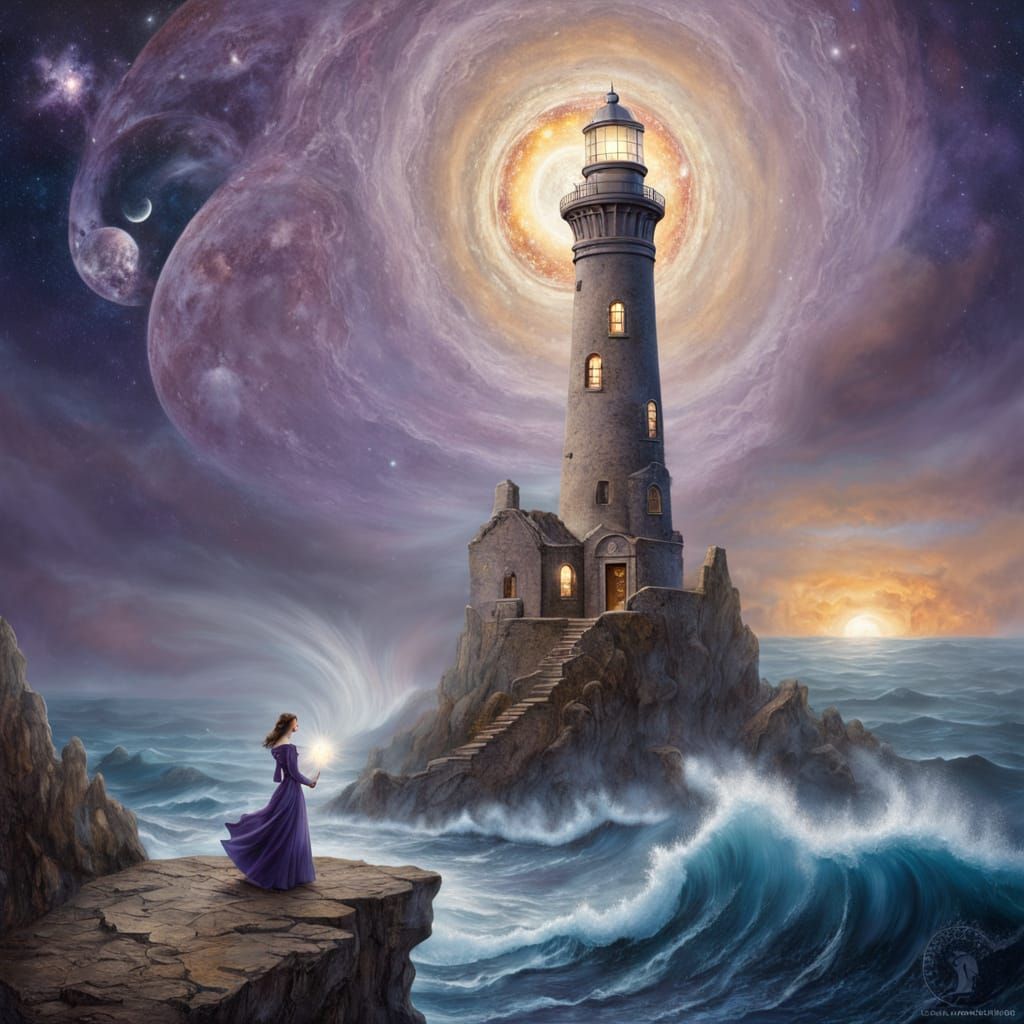 Ancient Lighthouse Under Starry Ocean, Magical Realism Oil P...