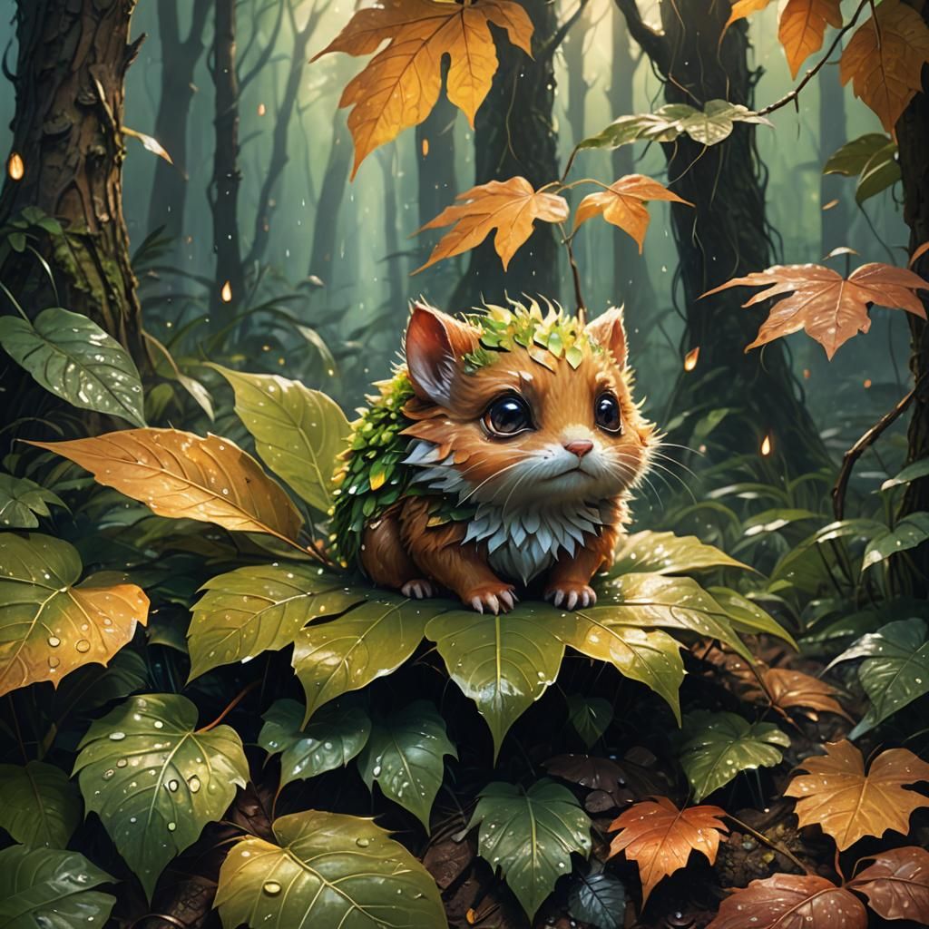 Fluffy Creature Sheltering in Rainy Forest: Fantasy Art