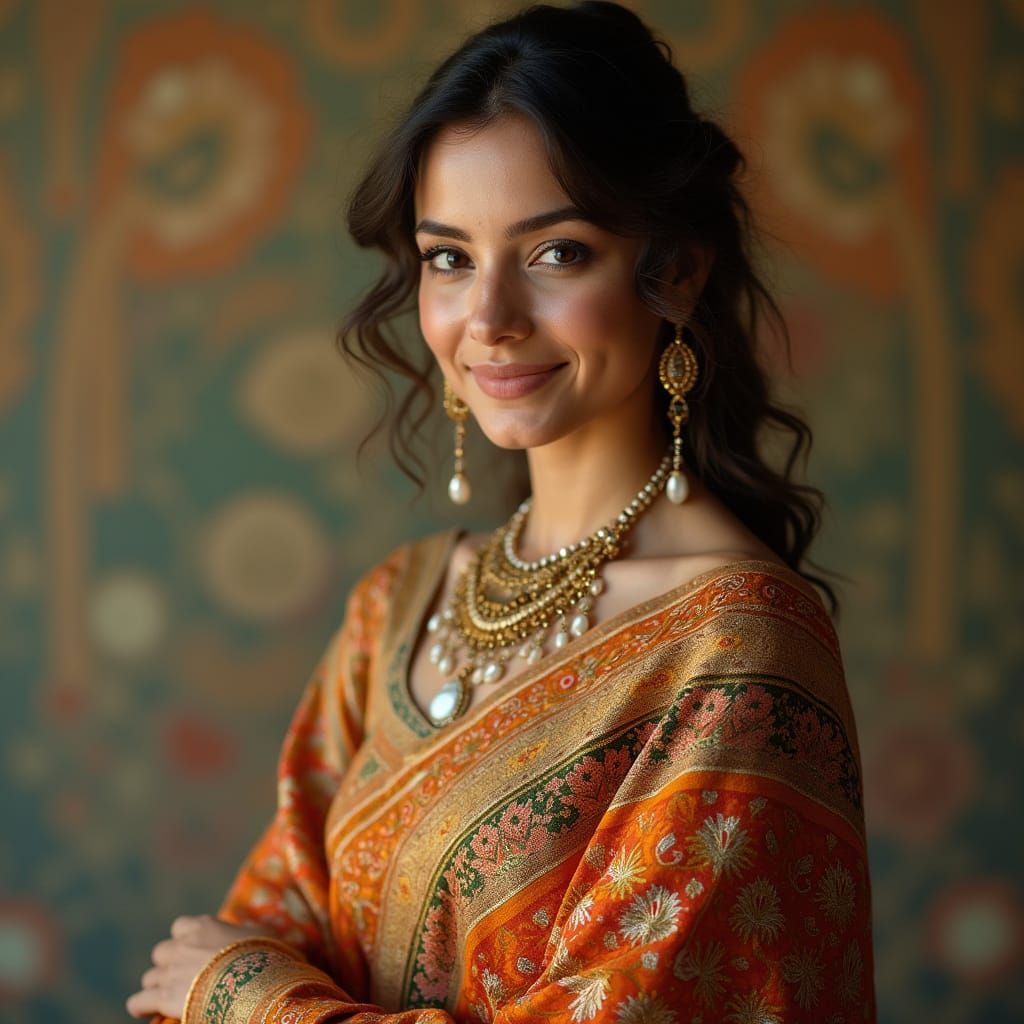 Elegant Woman in Sari, Art Nouveau Style