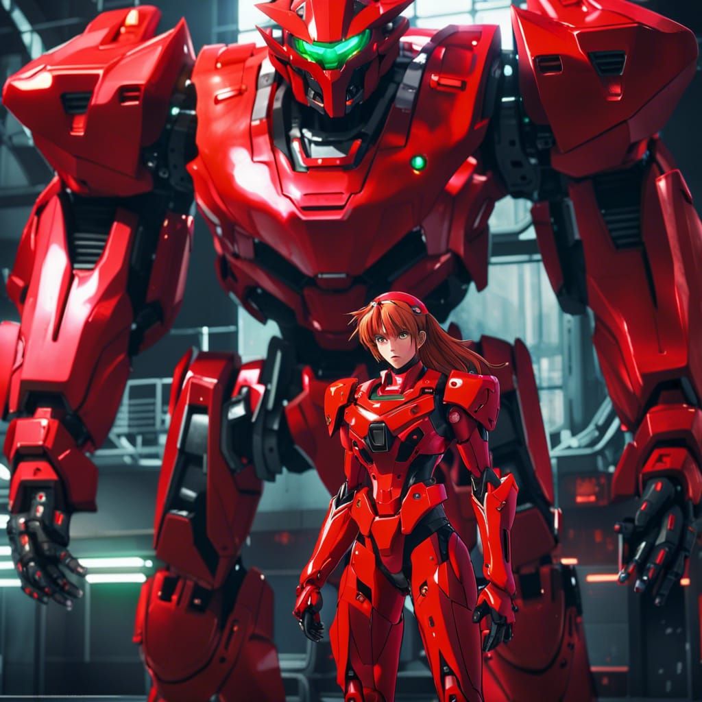 Asuka and Red Mecha: Anime-Style 3D Art
