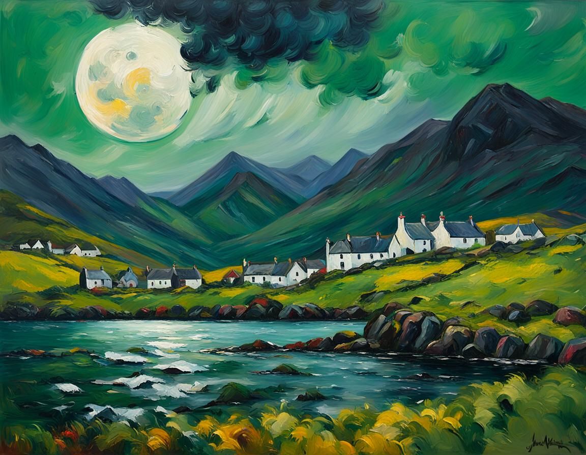 Donegal Village Under Oversized Moon as Impasto Painting