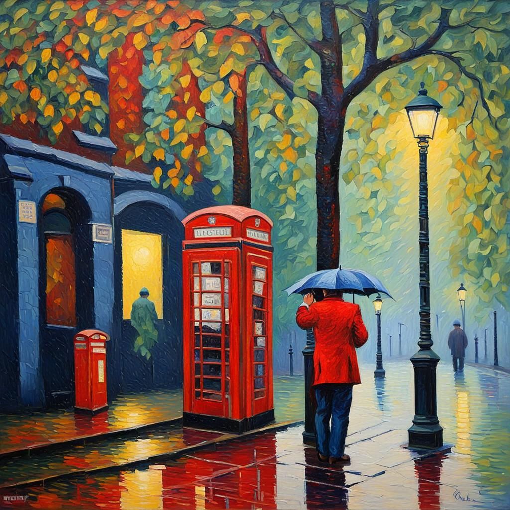 Man in Red Telephone Box: Expressionist Oil Painting