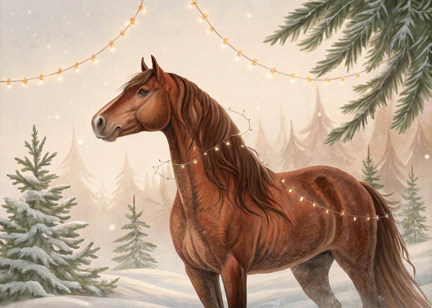 A beautiful Shirehorse, depictet with a view to a winterly landscape with Christmas atmosphere.