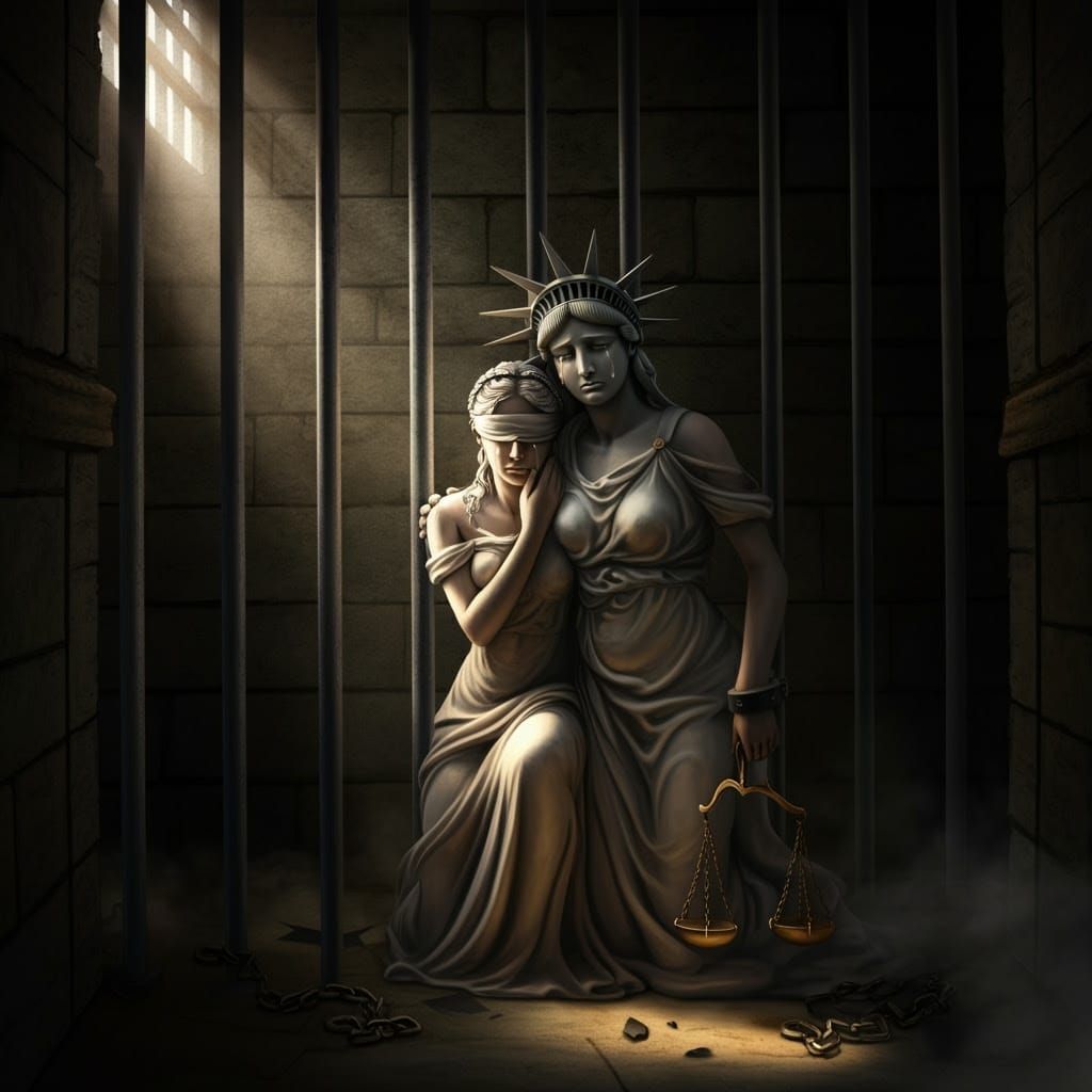 Sorrowful Lady Justice Finds Comfort in Liberty