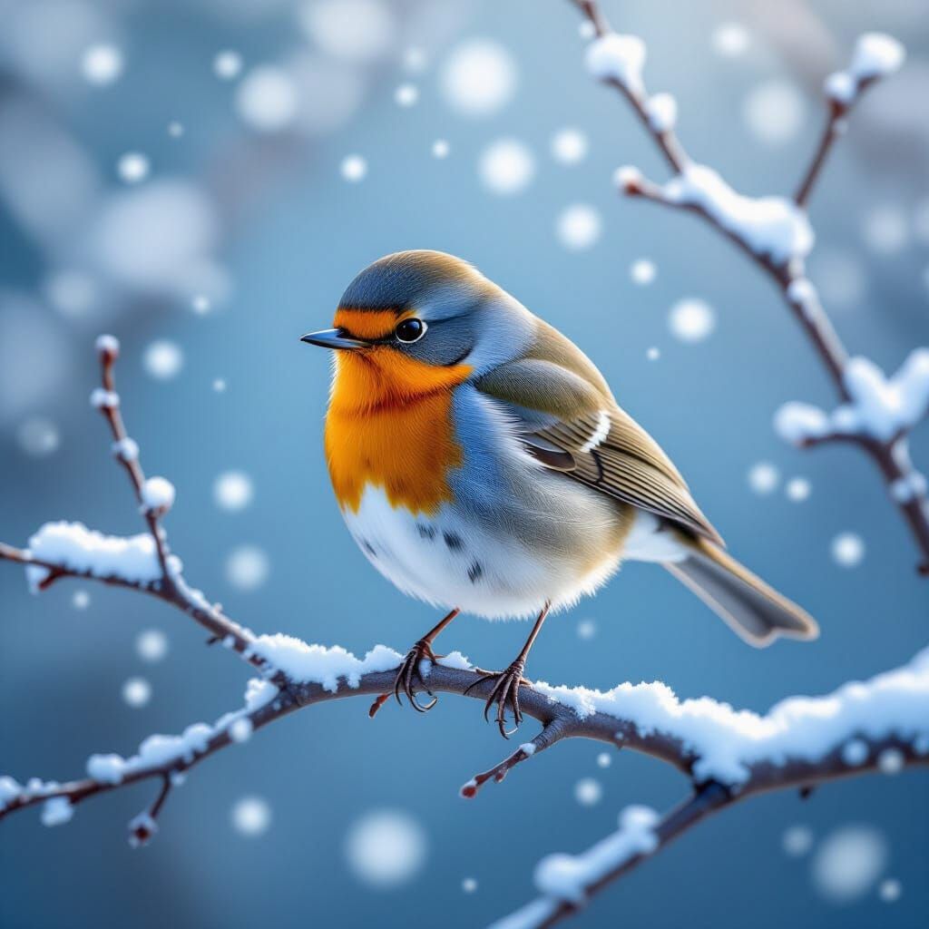 Robin in Winter Sunlight with Falling Snow