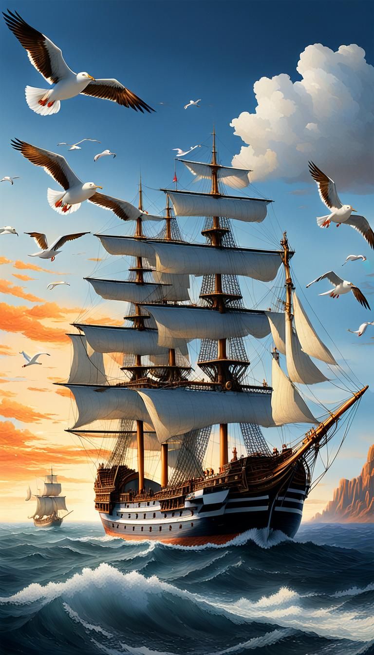 Columbus's Ships Sailing in a Fantasy Art Style