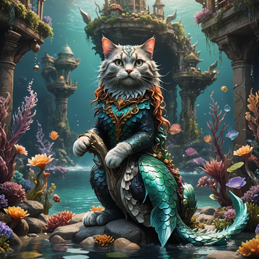 Fantastical Cat Mermaid in Detailed Digital Painting