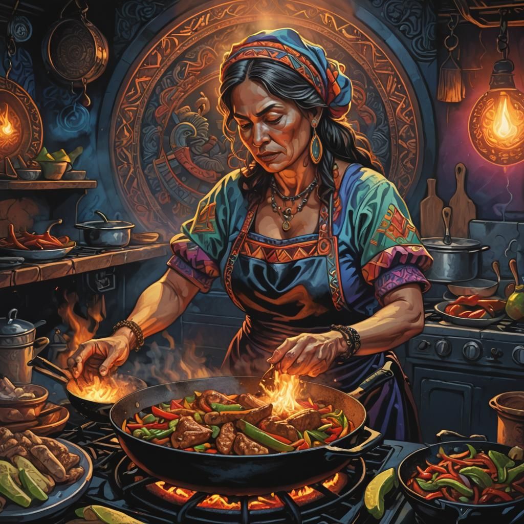 Aztec Mother Cooking Fajitas in Art Nouveau Style