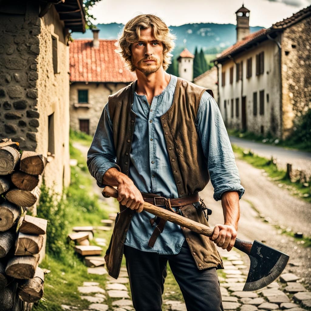 Handsome Young Peasant in Medieval Town Portrait