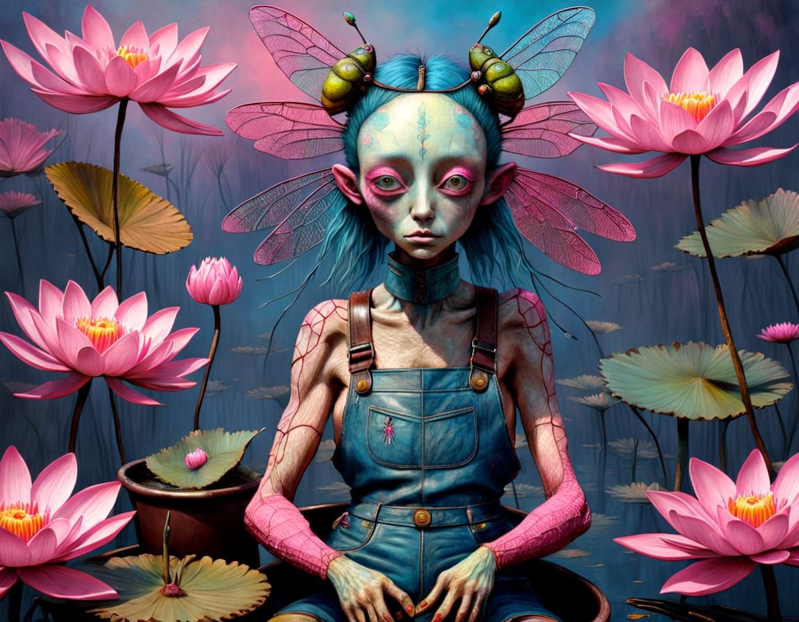 Surreal Dragonfly Woman Hybrid in Fractal Landscape