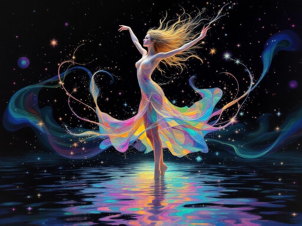 Elegant Psychedelic Woman Dancing in a Vortex of Colour