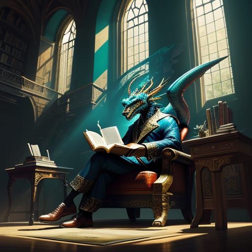 Dragon Reads Book in Library, Hyperrealistic Concept Art