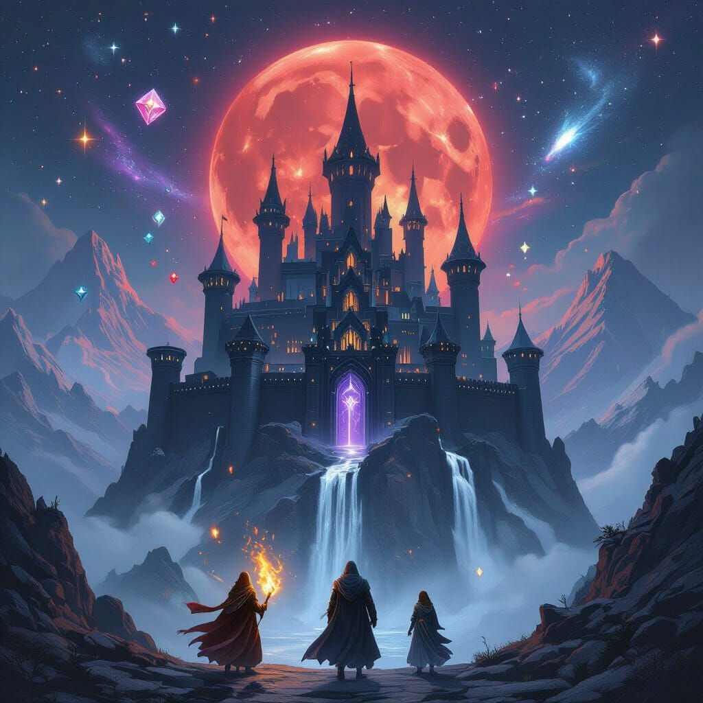 Dark Fantasy Anime Castle with Mages and Celestial Wonders