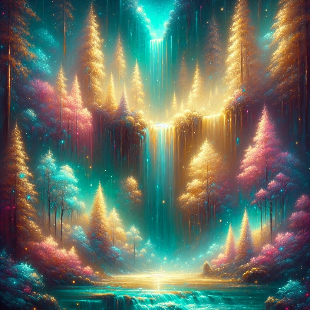 Luminous Waterfall Canopy in Pastel Forest