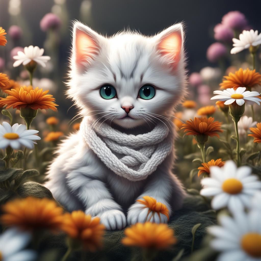 Cute Kitten in Flowers: Fantasy Concept Art