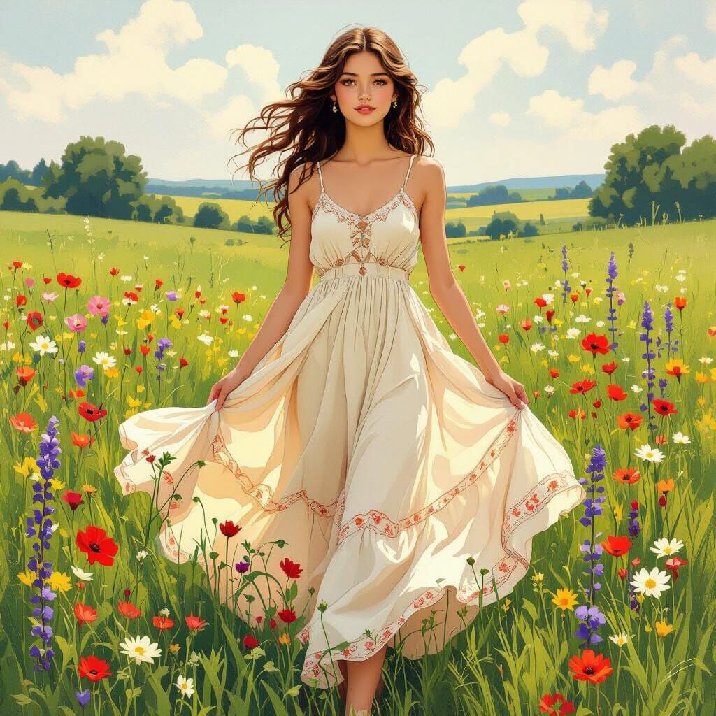 Teen Girl in Meadow, Alphonse Mucha Style