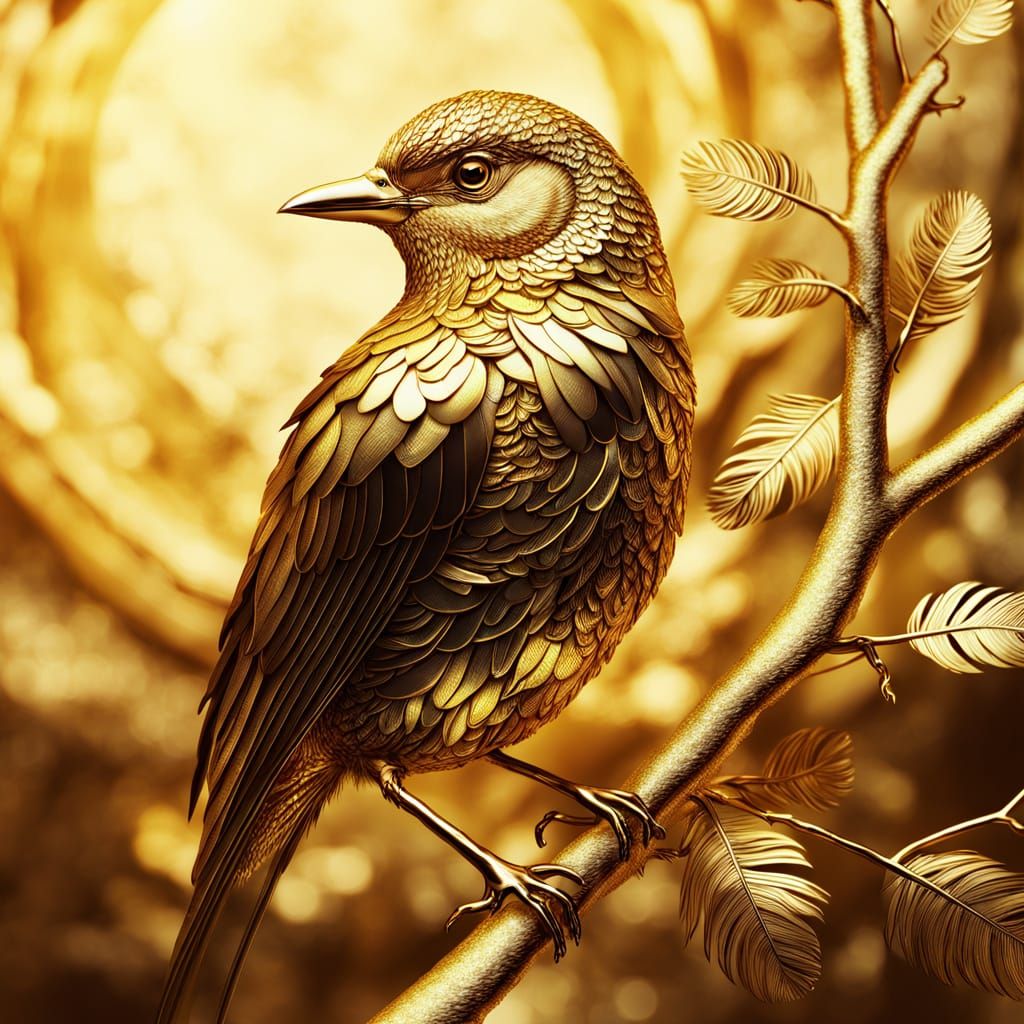 Golden Bird Perched on Branch in Klimt Style