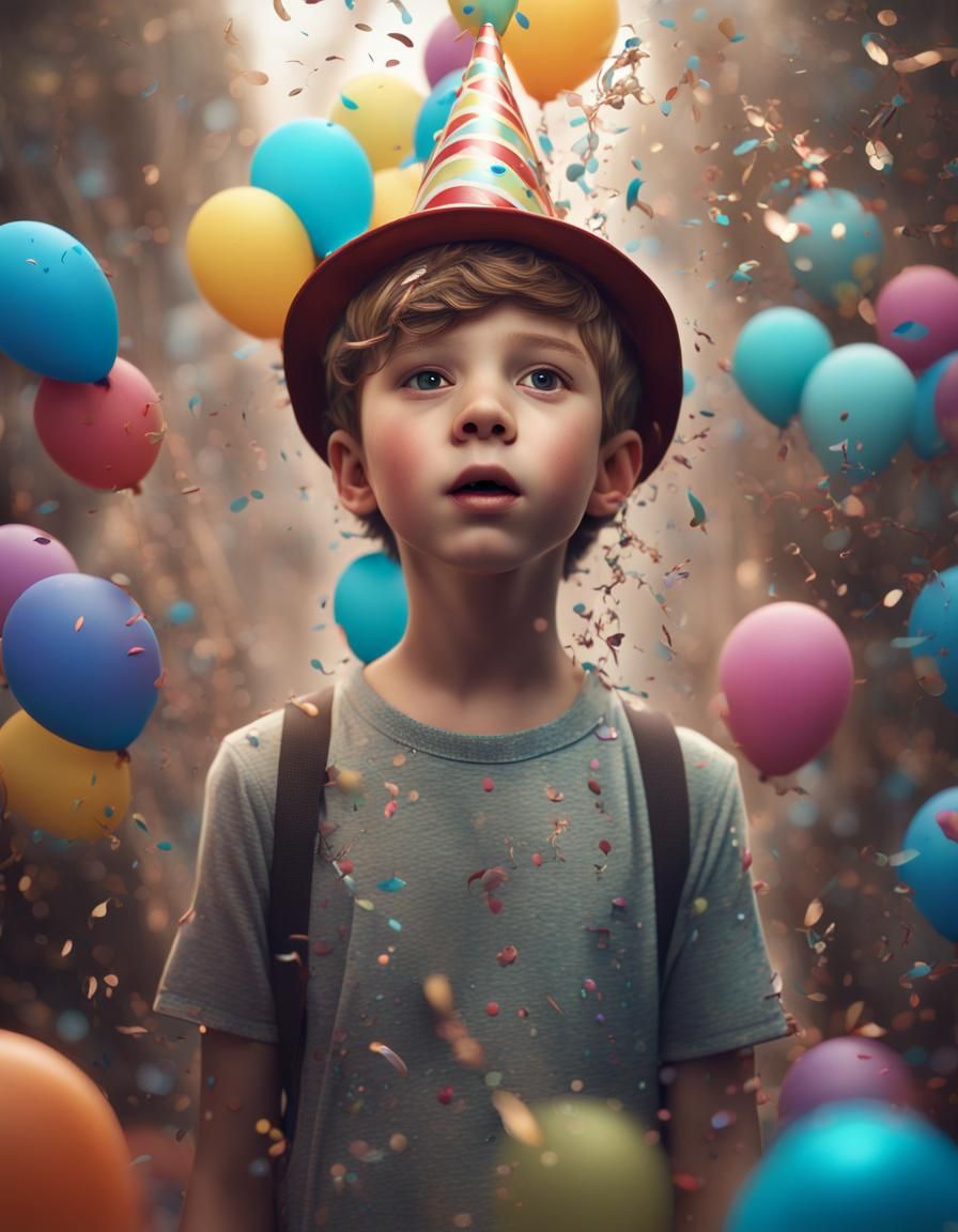Boy with Balloons and Confetti