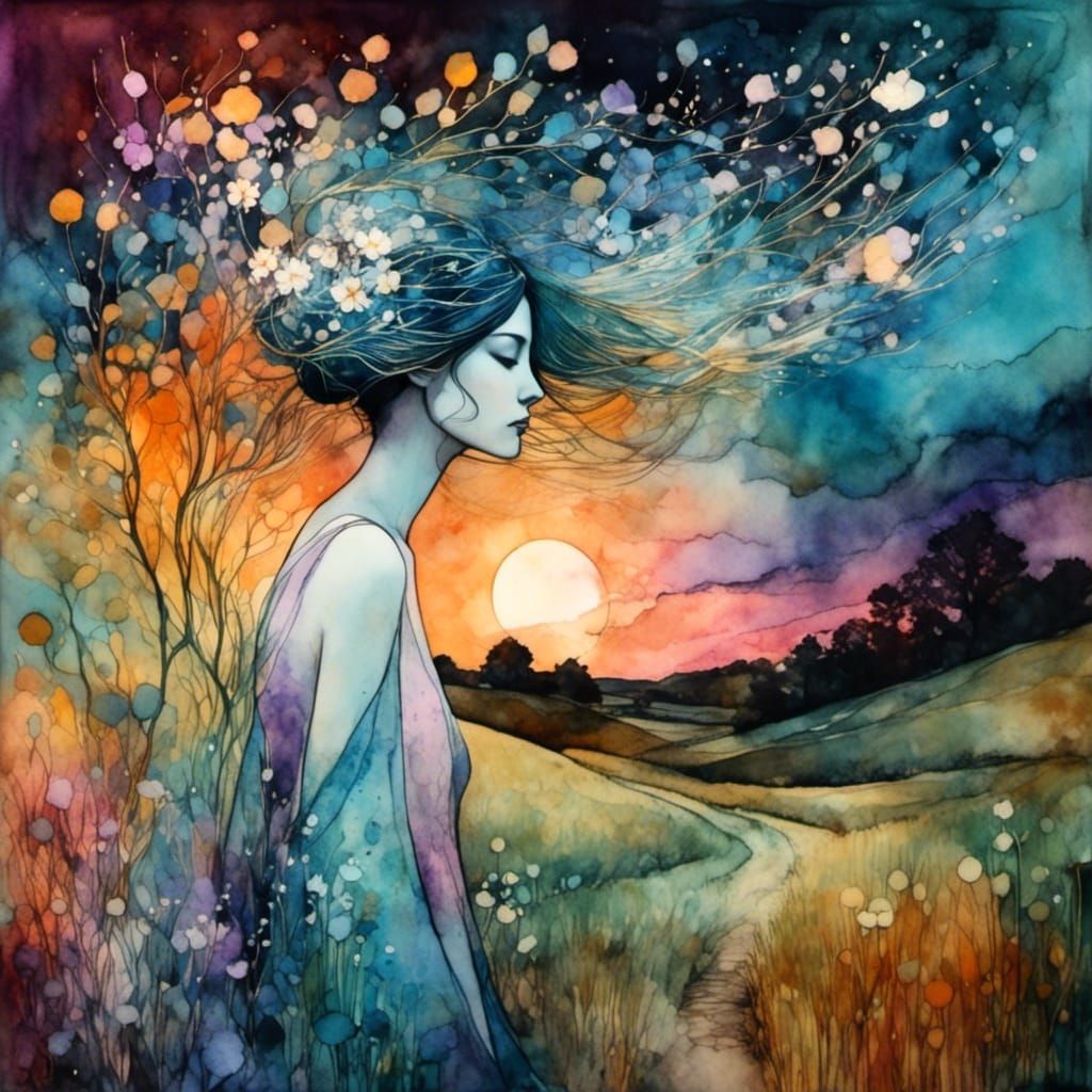 Watercolor Illustration of Woman in Countryside Sunset