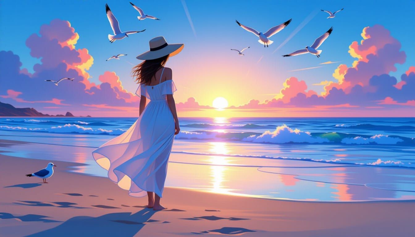 Ethereal Woman on Beach at Sunset, Digital Watercolor