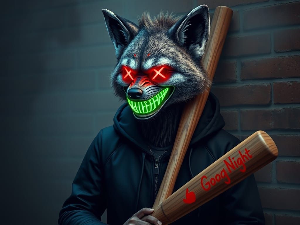 Anthropomorphic Hyena with LED Mask and Baseball Bat