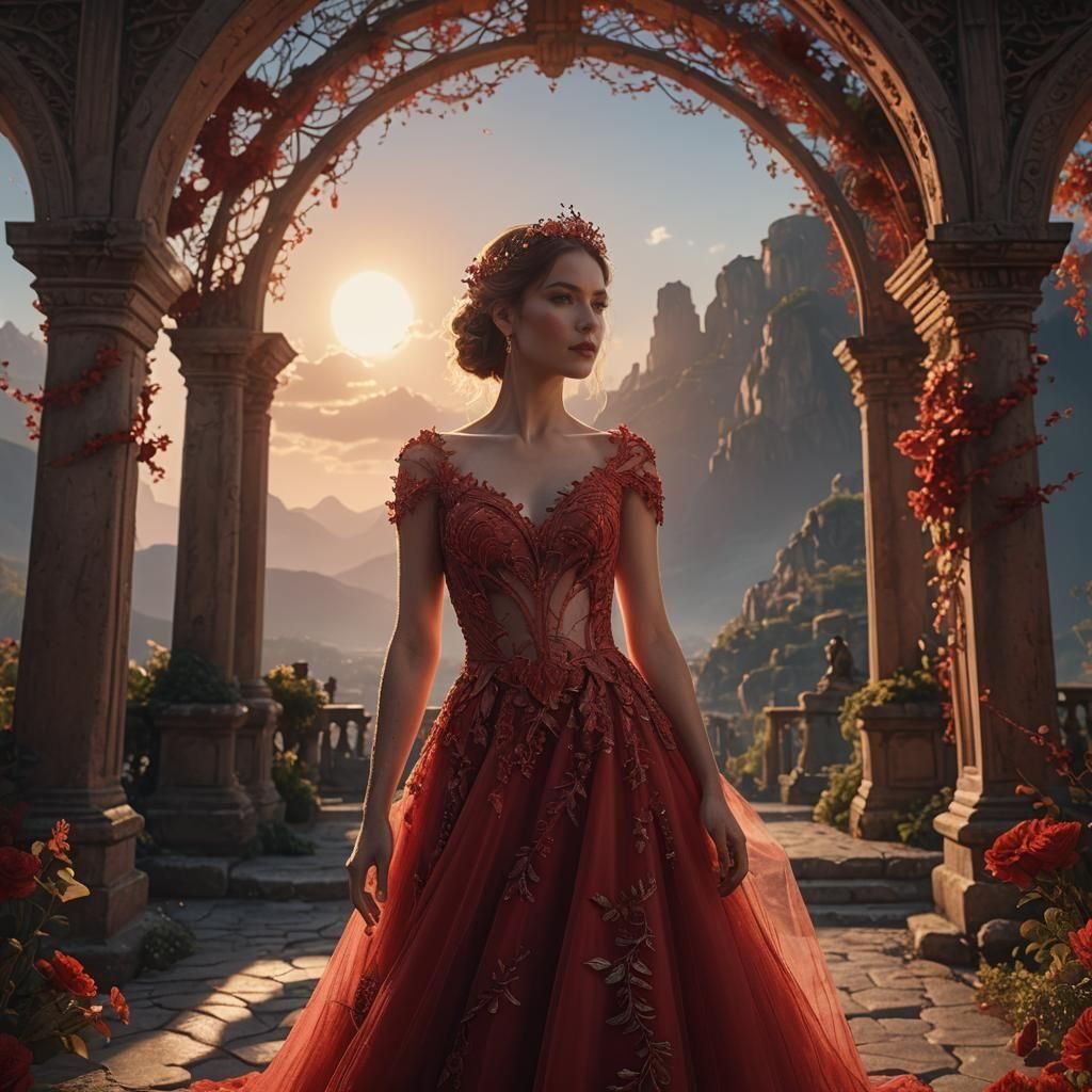 Woman in Red Tulle Dress at Sunset: Fantasy Art