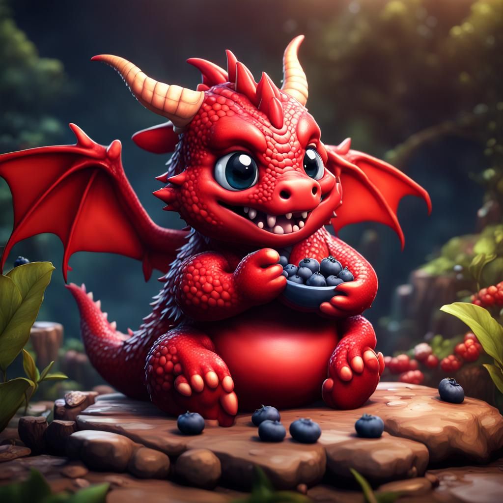 Chibi Red Dragon Eats Blueberry: Detailed Fantasy Art