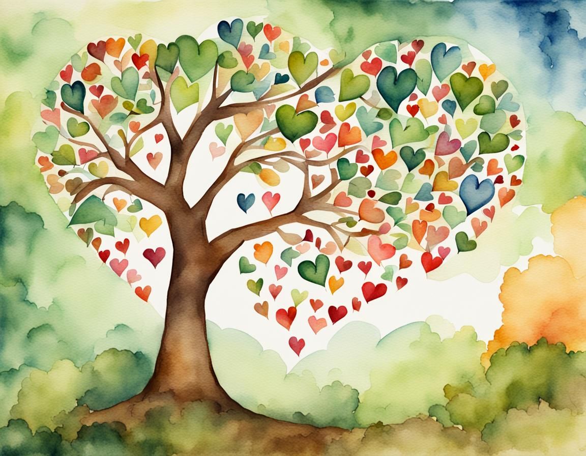 Whimsical Watercolor Tree with Heart-Shaped Leaves