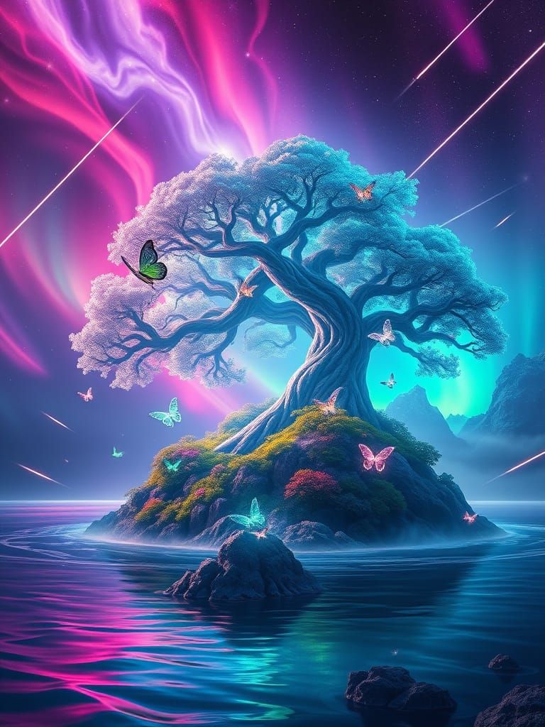 Ethereal Island Paradise in Luminous Hues, Inspired by Cyber...