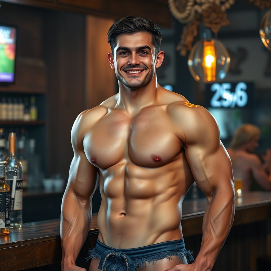 Photorealistic Portrait of a Muscular Man at a Bar