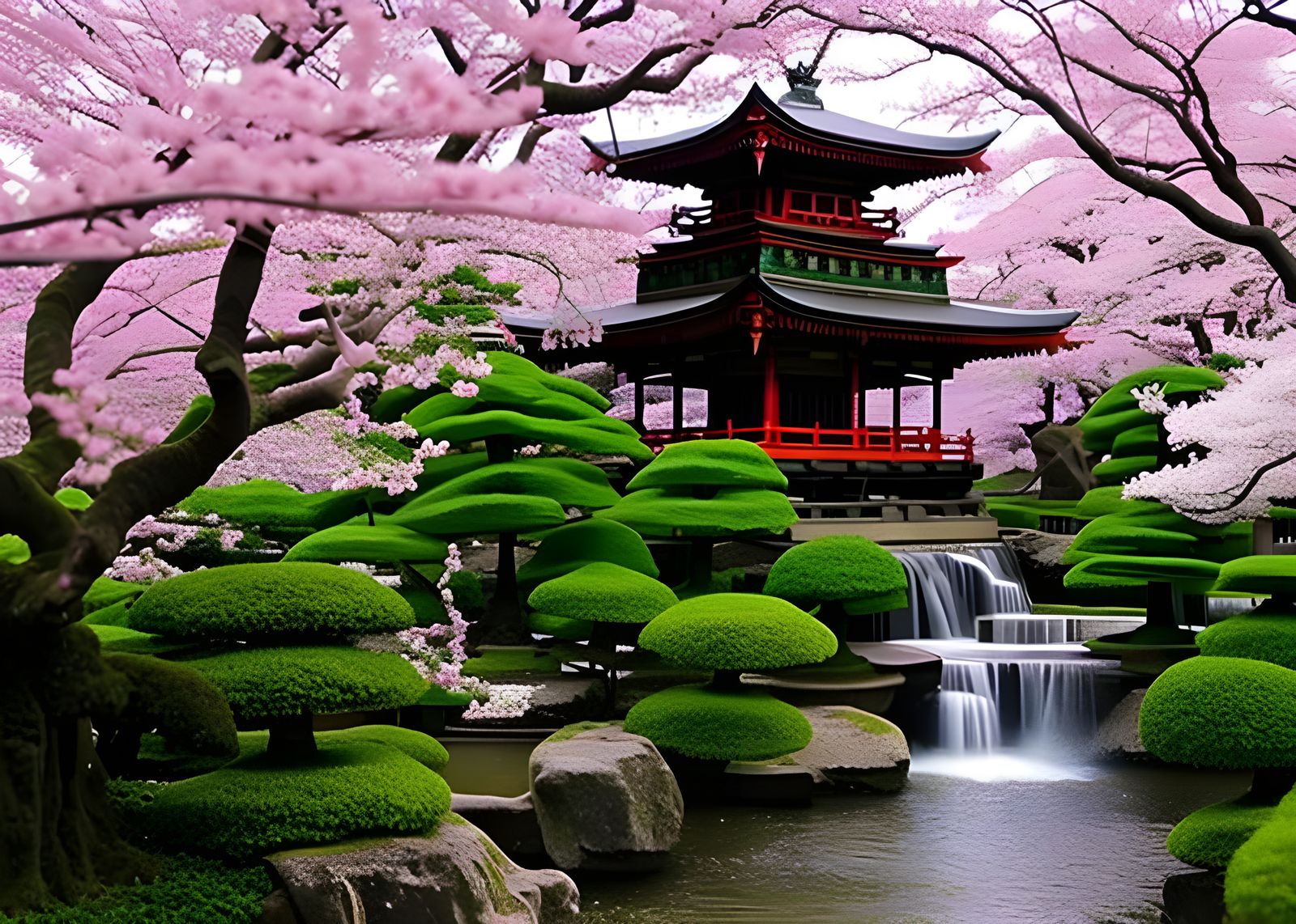 Detailed Japanese Temple with Cherry Blossoms