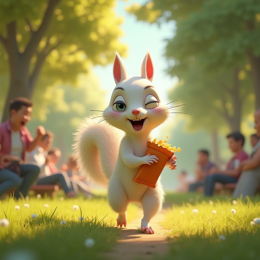 Albino Squirrel Mischief in 3D Rendered Style