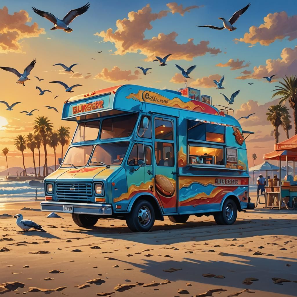 Colorful Burger Truck on California Beach as Oil Painting