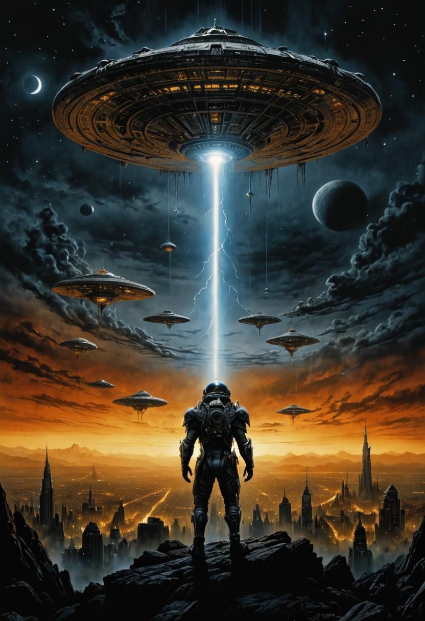 Engraved UFO over Burning Field, Fantasy Concept Art