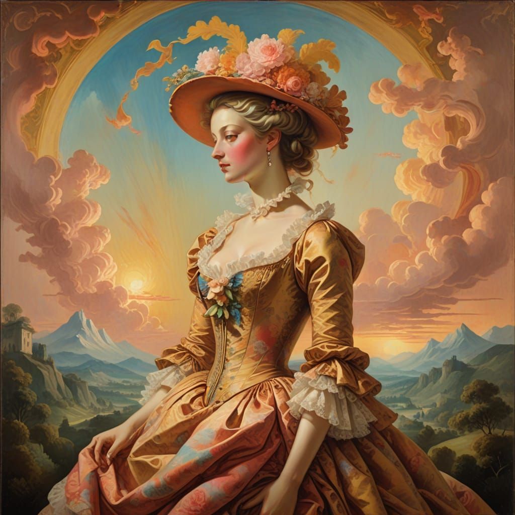 Surreal Sunset Goddess in Rococo Attire, Fantasy Landscape